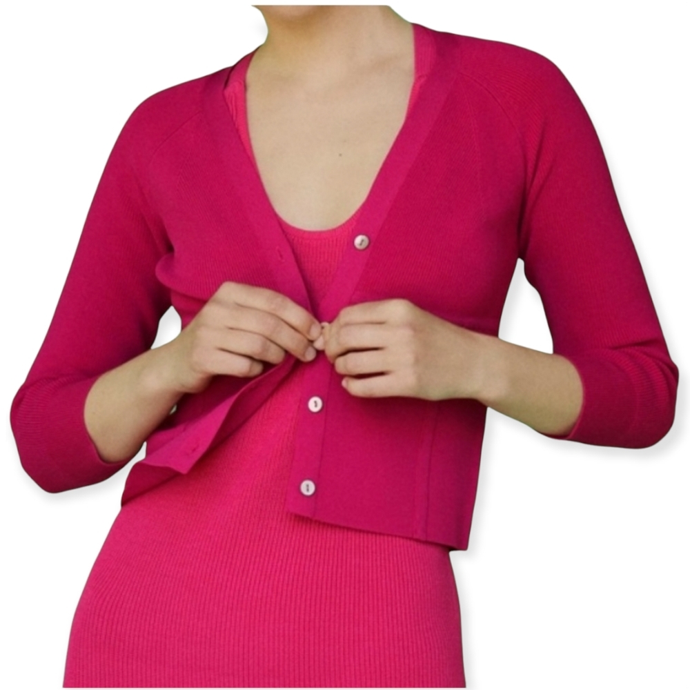 Zara Short Knit Cardigan Cropped Sweater Long Sleeves Raspberry Color Small